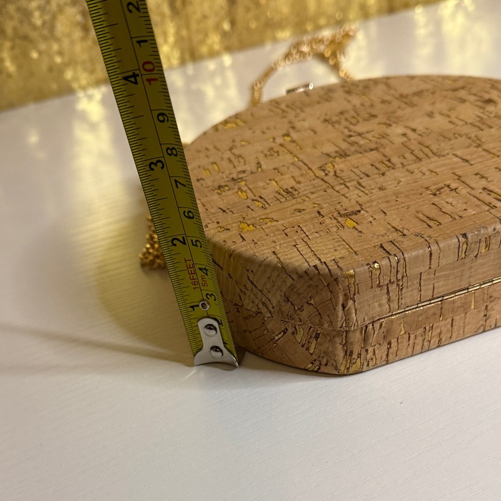 Tan Round Cork Crossbody with a wooden beaded top handle and gold tone chain - Picture 7 of 9